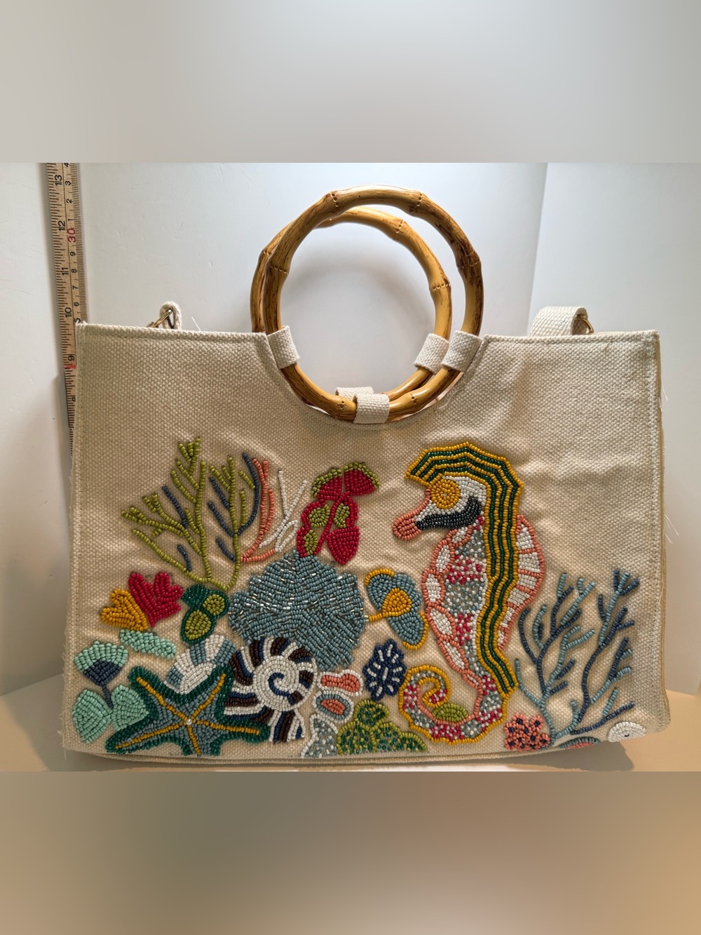 * NWOT Canvas Tote Bag w/Bamboo Handles and Multicolor Beaded Sealife Motif